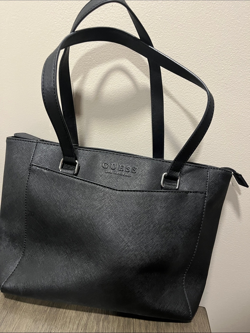 GUESS Black Saffiano Leather Tote with Silver Hardware
